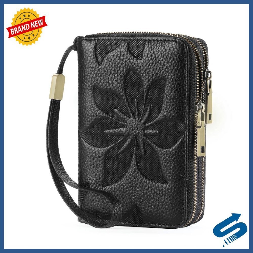 Medium Leather Wristlet Wallet RFID Blocking Double Zip Organizer